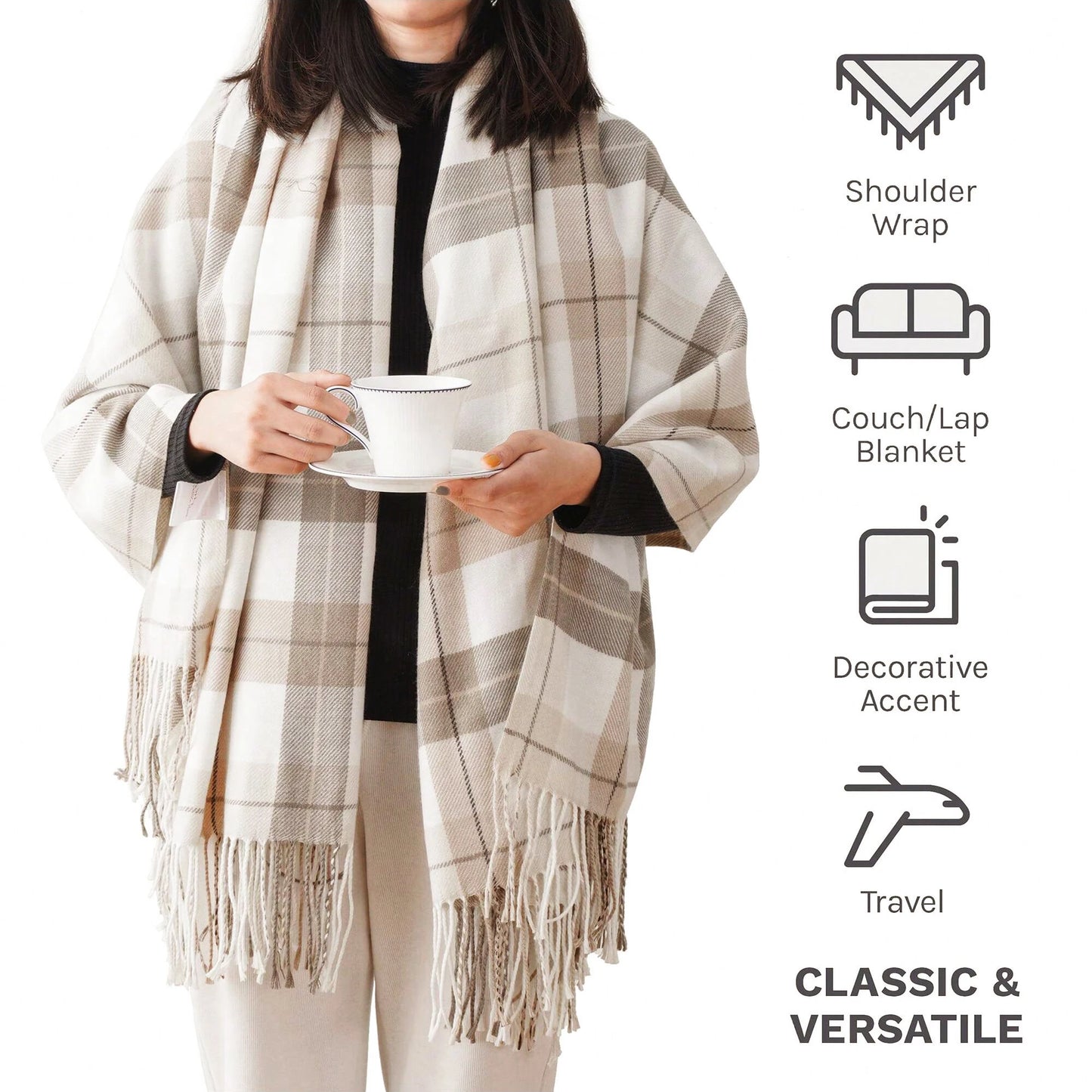 Couverture à carreaux, en cachemire avec glands